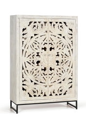 GINER Y COLOMER Vitrina - Buffet 2 portes en bois de manguier massif avec finition blanc vieilli et pieds métal noir, 160 x 110 x 40 cm